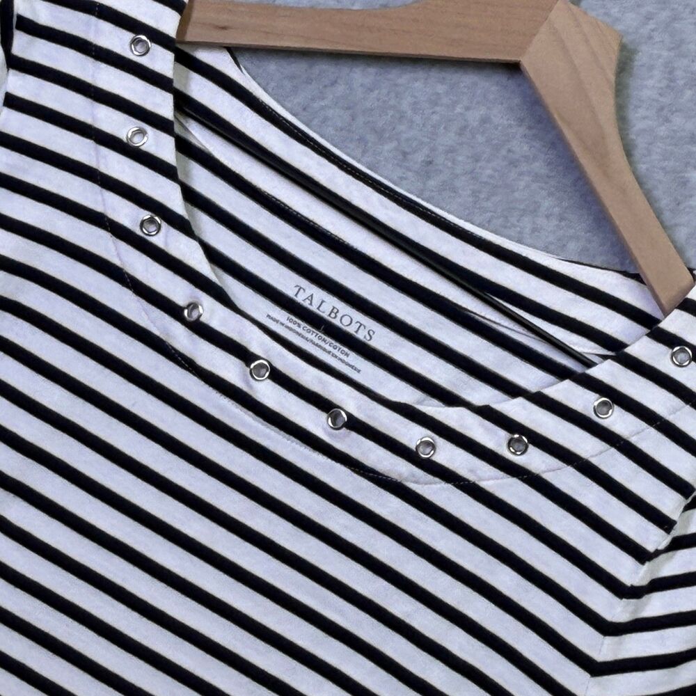Talbots Womens L Navy White Striped Top 3/4 Sleeve Studded Neck Cotton